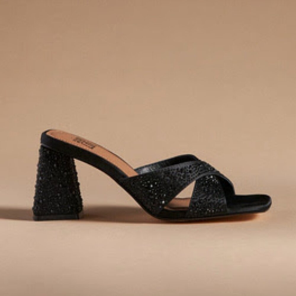Bibi Lou Black Satin and Rhinestone Heel Slides